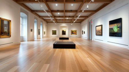 A stunning interior view of an art gallery showcasing a variety of paintings. The wooden floors and bright lighting create an inviting atmosphere, perfect for art appreciation.の素材