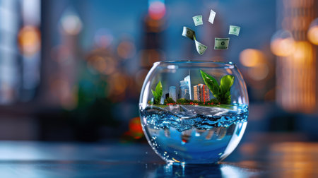 This imaginative image depicts a fishbowl containing a mini cityscape with money notes falling into the water, symbolizing financial growth and creativity.の素材