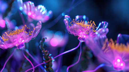 Experience an enchanting scene featuring intricate flowers illuminated with neon glow, creating a magical atmosphere filled with vibrant colors and delicate beauty.の素材