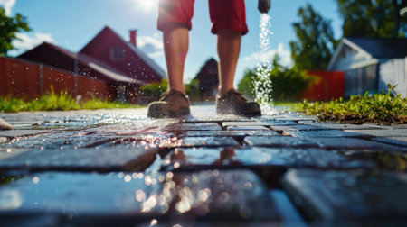 This image captures a person watering a garden path on a sunny day, showcasing water droplets in vibrant sunlight, highlighting outdoor gardening.の素材