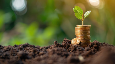 This captivating image depicts a young green plant sprouting from a stack of coins, symbolizing financial growth and sustainability in a natural setting.の素材