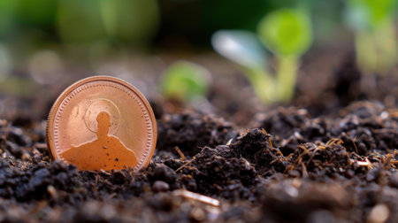 This image captures a coin partially buried in rich soil, symbolizing investment in growth, with young plants emerging in the background, representing new beginnings.の素材