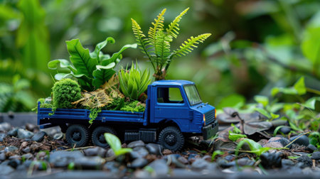 A vibrant miniature blue truck filled with assorted green plants and ferns creates a captivating scene, symbolizing growth and sustainability in nature.の素材