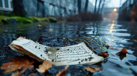 A piece of waterlogged sheet music lies amidst fallen autumn leaves in a flooded urban alleyway. The image captures a serene yet melancholic mood, highlighting the beauty of decay and forgotten moments in nature.の素材