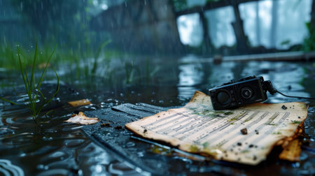 A vintage camera rests on weathered sheet music in a tranquil, rainy setting. Soft droplets create a serene or nostalgic atmosphere, highlighting abandonment.の素材