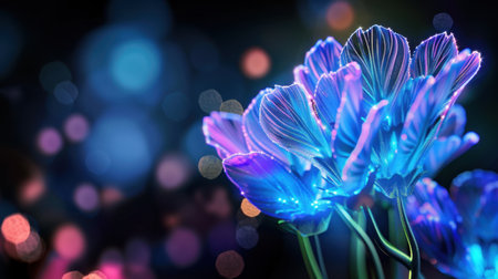 This stunning close-up of vibrant blue flowers showcases illumination with colorful bokeh lights, creating an enchanting and artistic atmosphere.の素材