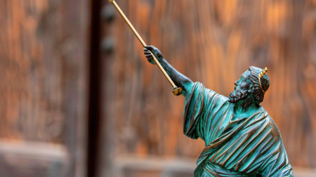 This striking bronze statue depicts a historical figure with a sword raised in a commanding gesture, symbolizing authority and power. Set against a textured wooden background, the artwork showcases craftsmanship and highlights cultural heritage.の素材