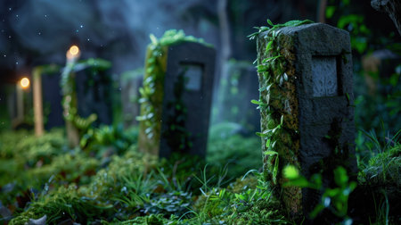 An enchanting cemetery scene featuring ancient gravestones enveloped in lush moss and vibrant greenery, illuminated softly by twilight.の素材