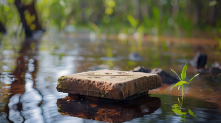 A serene stone partially submerged in calm water, surrounded by vibrant greenery, creates a peaceful natural setting perfect for relaxation and reflection.の素材