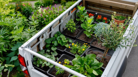 A pickup truck filled with various potted plants and flowers showcases a vibrant garden scene. The lush greenery and colorful displays highlight the beauty of horticulture and outdoor gardening.の素材