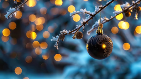 A black Christmas ornament elegantly hangs from a frosty branch, surrounded by blurred lights that create a magical and festive winter scene.の素材