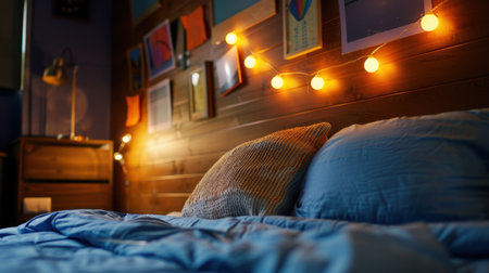 This image showcases a cozy bedroom with soft blue bedding, decorative pillows, and glowing lights against a wooden wall, creating a warm and inviting atmosphere.の素材