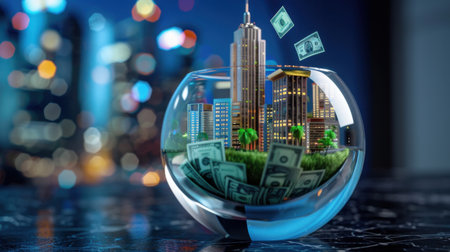 A stunning miniature cityscape is enclosed in a glass dome, showcasing skyscrapers, greenery, and money bills. This striking visual symbolizes urban investment and financial growth.の素材