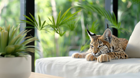 A serene lynx lounging comfortably on a fashionable sofa, set against a backdrop of lush greenery and warm sunlight, ideal for nature lovers.の素材