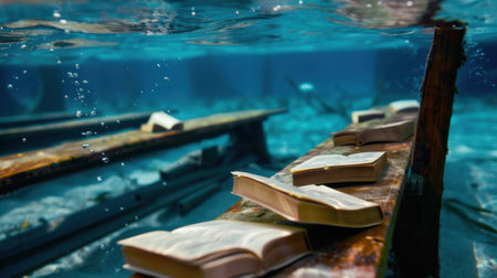 This captivating underwater scene showcases open books resting on weathered wooden planks, surrounded by an enchanting aquatic environment filled with bubbles.の素材