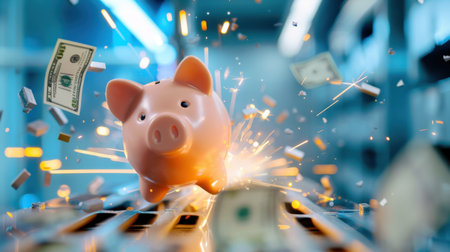 A dynamic and colorful representation of a piggy bank bursting with cash, symbolizing the excitement of financial success and savings. The image captures the energy of wealth accumulation and prosperity in a modern financial context.の素材