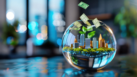 A striking visual blending urban architecture and nature housed in a glass sphere, symbolizing the harmony between investment and sustainable growth.の素材