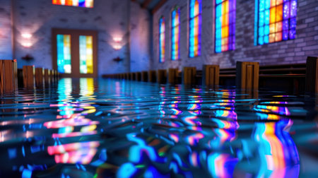 A peaceful church interior featuring vibrant stained glass windows reflected in tranquil water, creating an atmosphere of serenity and spirituality.の素材