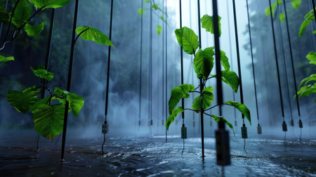 A captivating scene of vibrant green plants rising from a serene water surface, surrounded by a mystical mist in a tranquil forest atmosphere.の素材