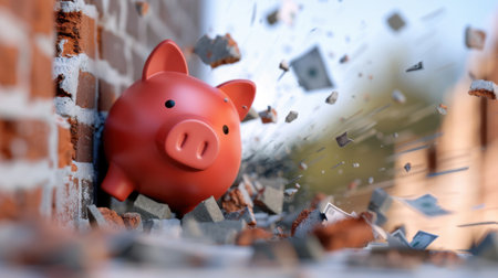 A vibrant piggy bank is breaking through a brick wall, sending cash and money flying into the air. This dynamic image captures the essence of financial freedom and growth.の素材