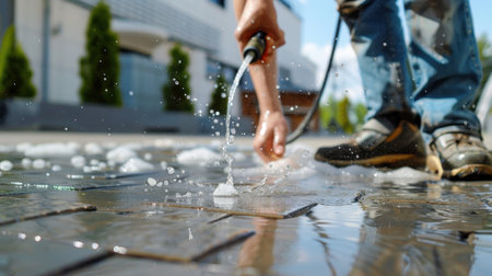 A person sprays a water hose on a paved surface, creating soap suds and splashes in a bright urban setting, showcasing maintenance efforts for cleanliness.の素材