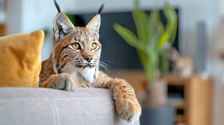 A stunning lynx lounges comfortably on a sofa, showcasing its beautiful fur and striking features in a modern home setting. The cozy atmosphere highlights the bond between pets and their environments, making it a perfect depiction of peace and tranquility.の素材