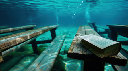 This captivating underwater image features a book resting on a weathered wooden bench, surrounded by clear blue water and fish, evoking a sense of peace and curiosity.の素材