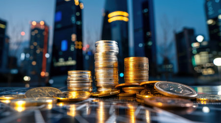 A captivating image featuring stacked coins in the foreground, with a vibrant cityscape in the background during dusk. Perfect for financial themes.の素材