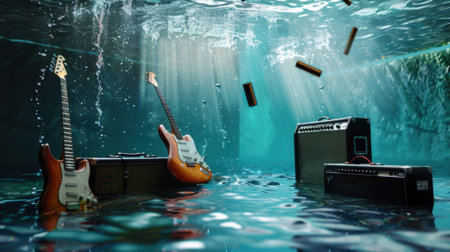This captivating underwater scene features electric guitars and amplifiers surrounded by water bubbles and rays of light, creating a serene and surreal atmosphere.の素材
