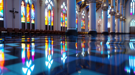 A stunning interior of a grand church showcases vibrant stained glass windows, reflecting colorful patterns on a polished floor, creating a serene atmosphere.の素材