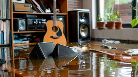 A music room in disarray due to flooding, featuring water-logged instruments, electronics, and furniture, representing the impact of natural disasters on personal spaces.の素材