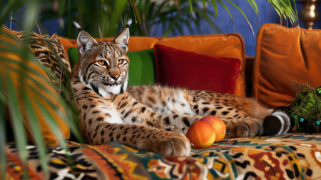 A majestic lynx comfortably lounges on a vibrant, colorful couch, surrounded by greenery and decorative cushions, creating a cozy indoor scene.の素材