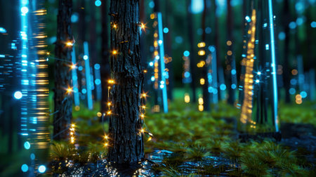 A mesmerizing image of an enchanted forest filled with glowing lights and reflective trees, creating a serene and magical atmosphere in nature.の素材