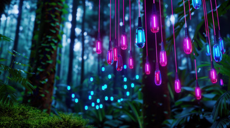 A captivating scene in a lush forest featuring vivid neon lights hanging from trees, creating a whimsical atmosphere with vibrant colors and tranquility.の素材
