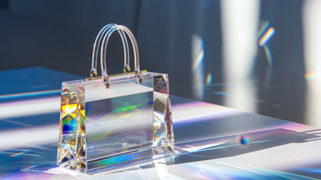 This elegant transparent handbag captures the vibrant reflections of light in a minimalistic setting, highlighting its modern design and artistic appeal.の素材