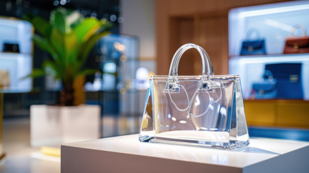 A stunning transparent handbag showcased in a modern fashion boutique, featuring an elegant design amid a stylish interior, attracting shoppers with its unique charm.の素材