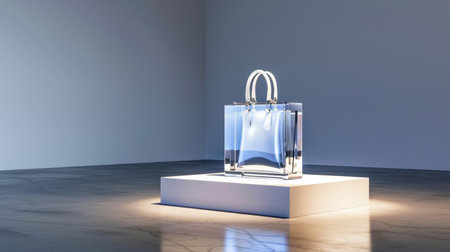 This stunning image features an elegant transparent handbag showcased in a modern gallery. The soft lighting and minimalist design highlight its unique craftsmanship and stylish allure.の素材