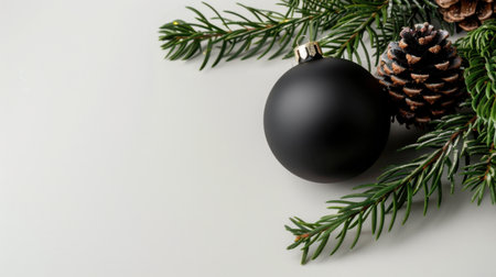 This image features an elegant black Christmas ornament resting beside pine branches and pinecones, creating a serene winter composition for holiday decor.の素材