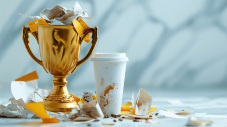 This artistic still life features a golden trophy amidst crumpled paper and a coffee cup, symbolizing chaos and creativity in a modern environment.の素材