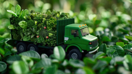A miniature green truck filled with vibrant plants represents sustainability and eco-consciousness in an urban landscape, promoting green living.の素材