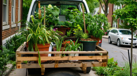 A wooden cart filled with vibrant plants and flowers rests in the back of a pickup truck on a residential street, showcasing urban gardening spirit.の素材