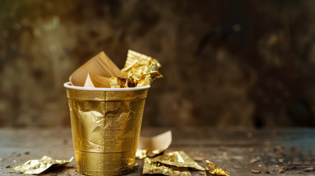 This image captures a disposable cup filled with crumpled golden foil and paper, set against a rustic wooden surface, creating an interesting and visually appealing scene.の素材