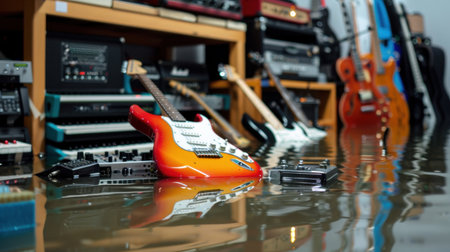 A striking scene of a flooded music studio, showcasing an electric guitar submerged in water amongst other instruments, illustrating chaos and loss.の素材