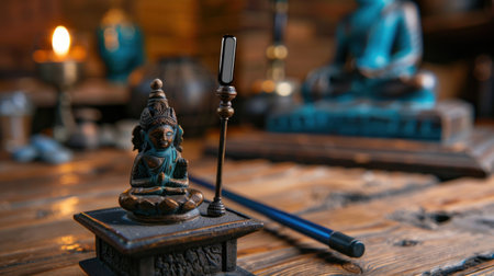 This image features a serene Buddha statue alongside essential meditation tools, set on a rustic wooden table. The calming atmosphere invites tranquility and mindfulness.の素材