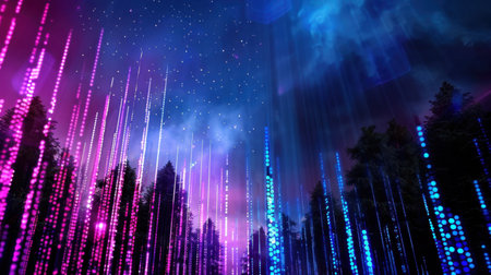 A mesmerizing digital landscape featuring vibrant light trails in shades of blue, pink, and purple, set against a starry night sky above a serene forest.の素材