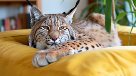 A stunning lynx relaxes on a yellow cushion inside a cozy room, surrounded by lush plants, creating a serene atmosphere of comfort and beauty.の素材