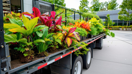 A delivery truck is loaded with an array of vibrant tropical plants, ready for urban landscaping. The scene showcases the blend of nature with modern architecture.の素材