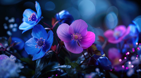 A stunning arrangement of blue and pink flowers captures the essence of nature's beauty, set against a soft-focus background that creates an enchanting atmosphere.の素材