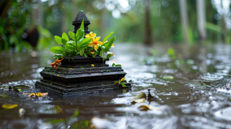A serene scene depicting a decorative stone structure partially submerged in water amidst lush greenery, capturing the essence of tranquility and nature's beauty during rainfall.の素材