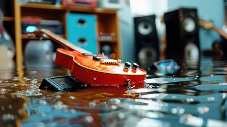 A striking image of an electric guitar partially submerged in water in a flooded room, symbolizing loss and the impact of disaster on creativity and music.の素材